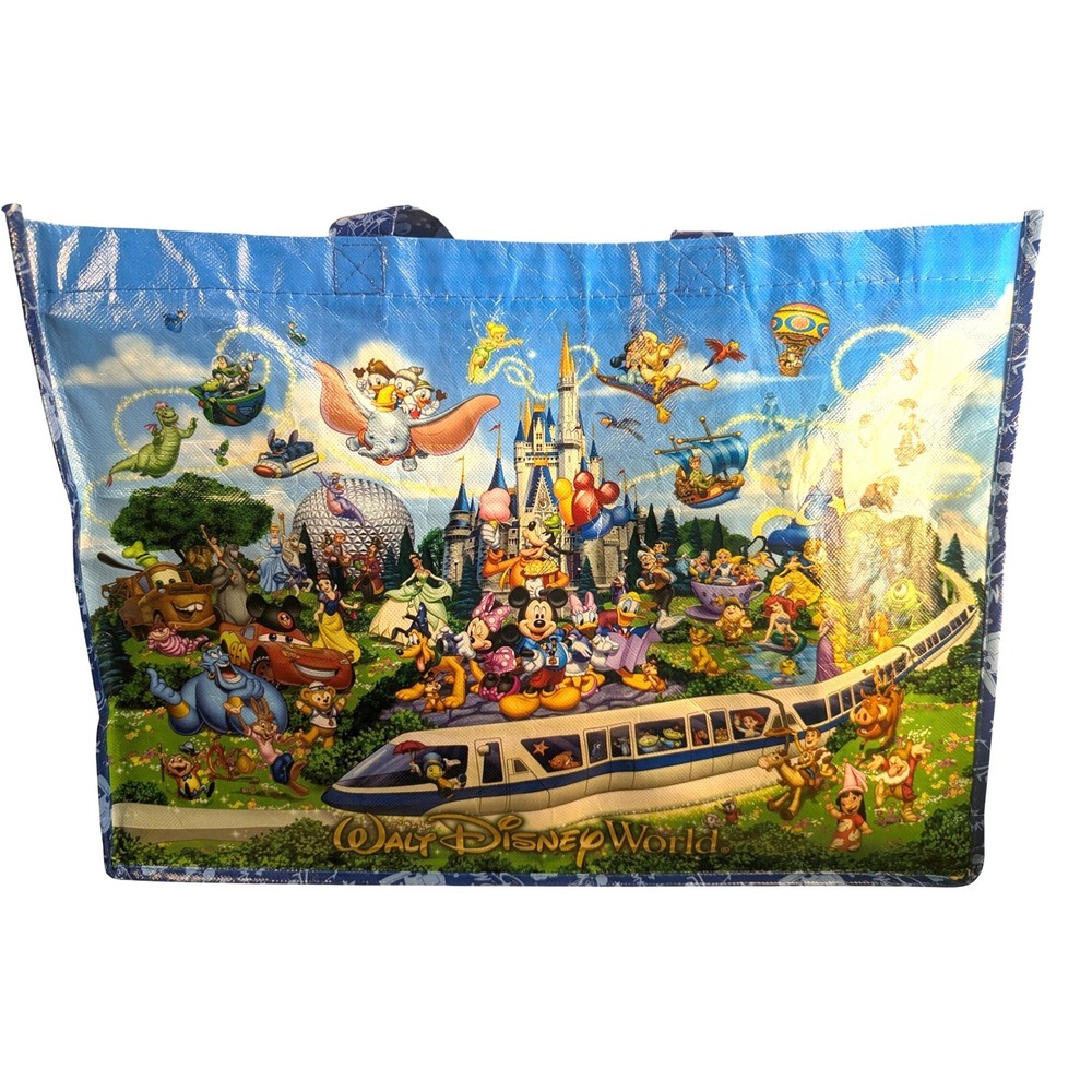Walt Disney World Reusable Tote Bag Mickey Mouse Monorail Characters Blue Large